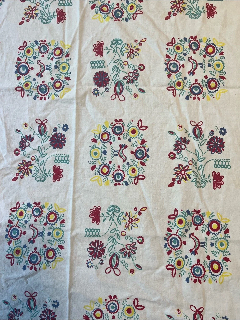 Vintage Floral colorful heavy linen tablecloth chickens / birds primary colors